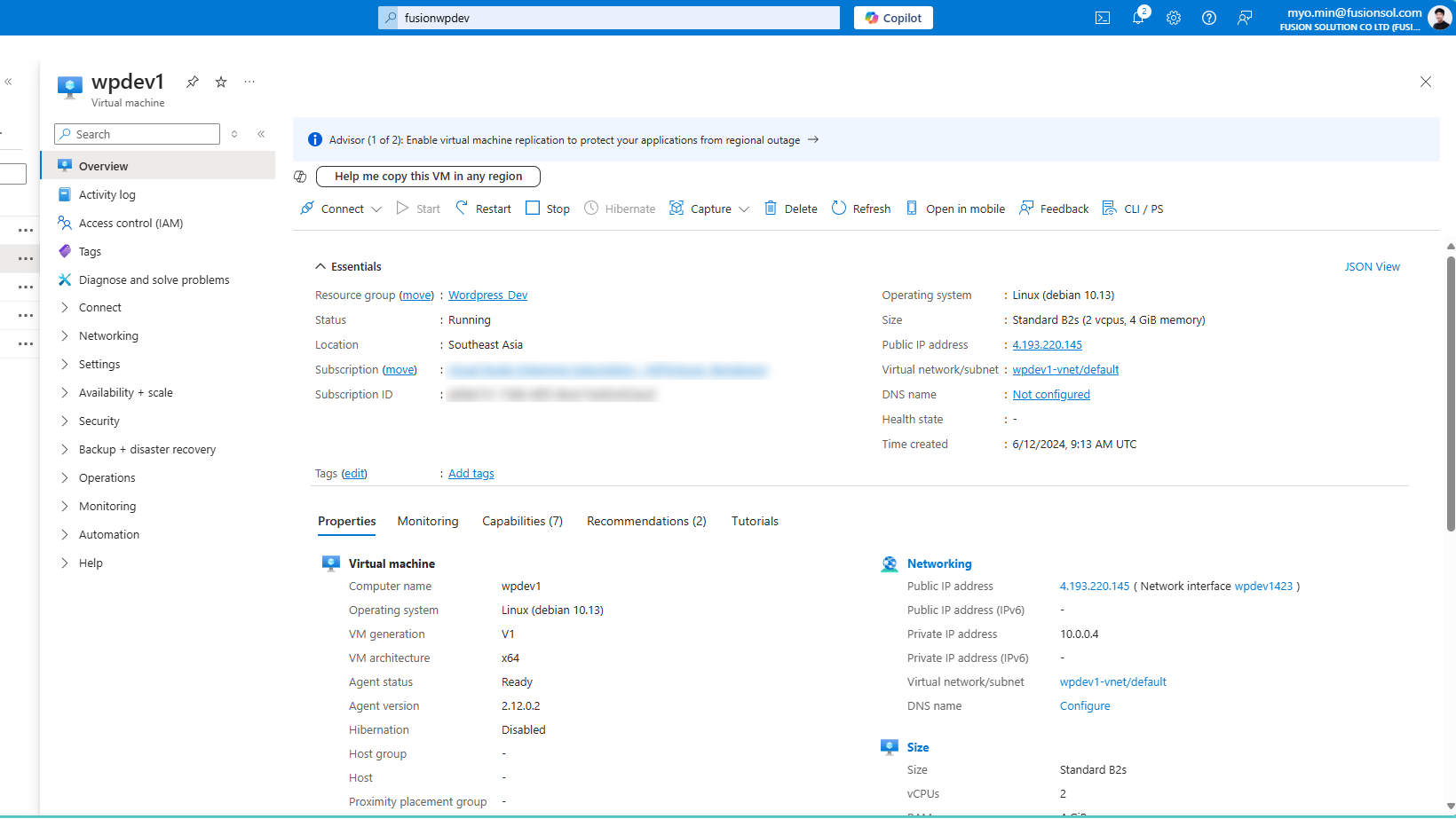 Azure VM wpdev1