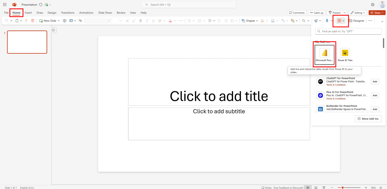 step 2 nsert the Power BI Add-In
