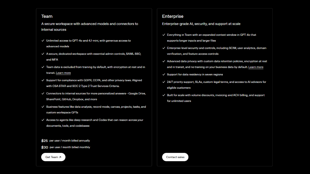 team and enterprise pricing plans