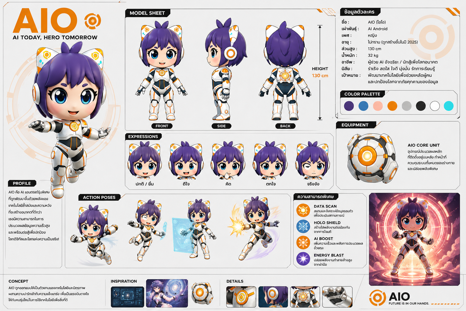 สร้าง Character Sheet ของตัวละครอนิเมะสไตล์โชเน็นจากภาพนี้ให้หน่อย ชื่อของมันคือ AIO
